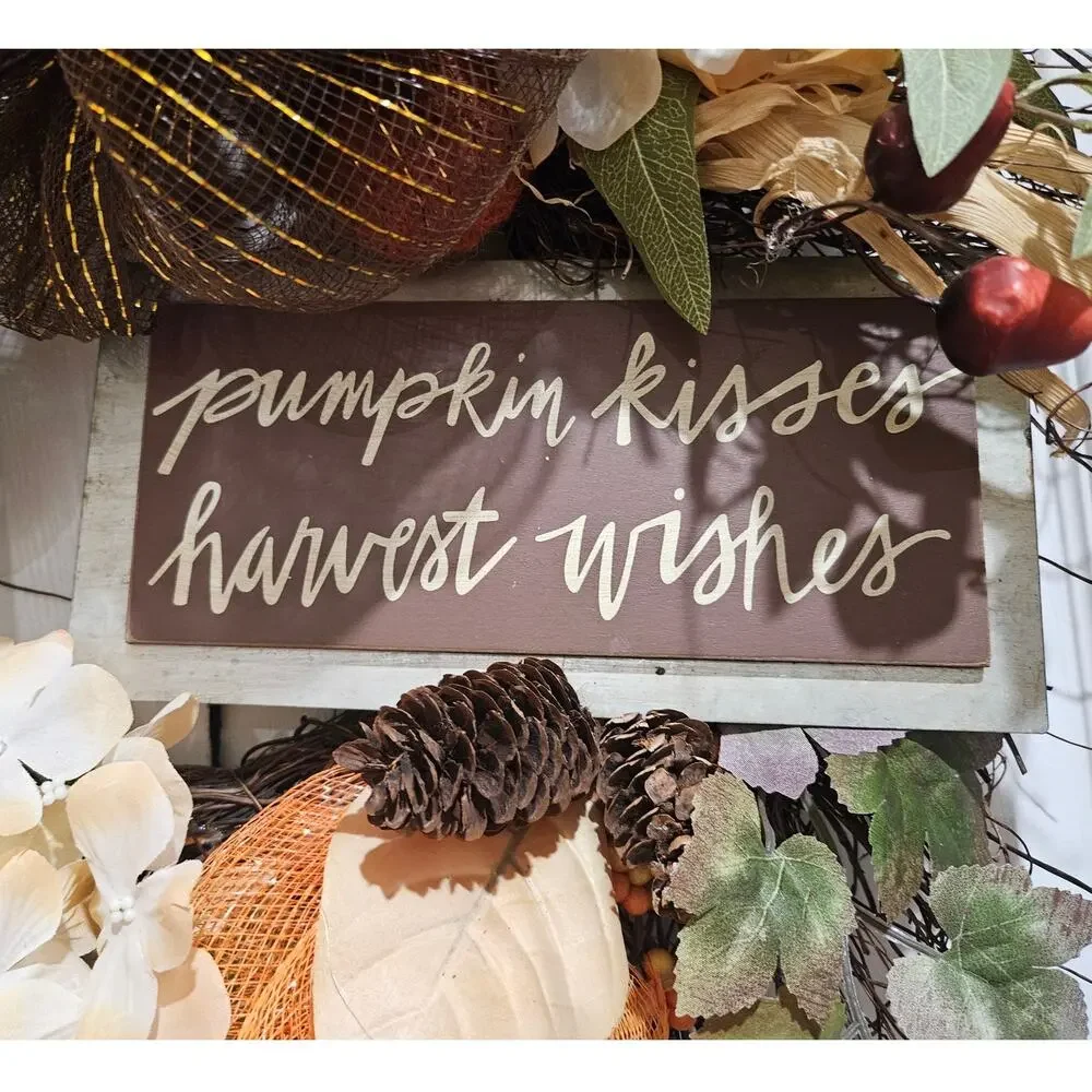pumpkin kisses harvest wishes Handmade Wreath Fall Autumn Brown Orange 24